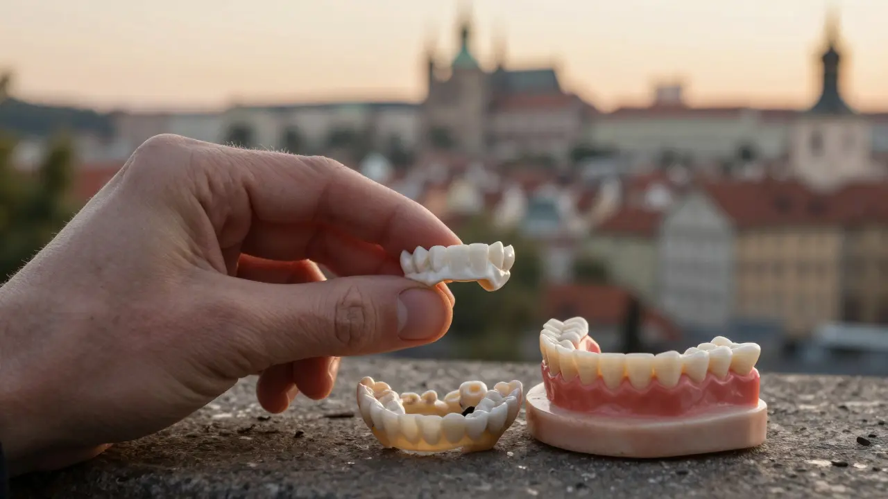 Ruka drží nový zub vedle starých vyjmoutelných protéz.