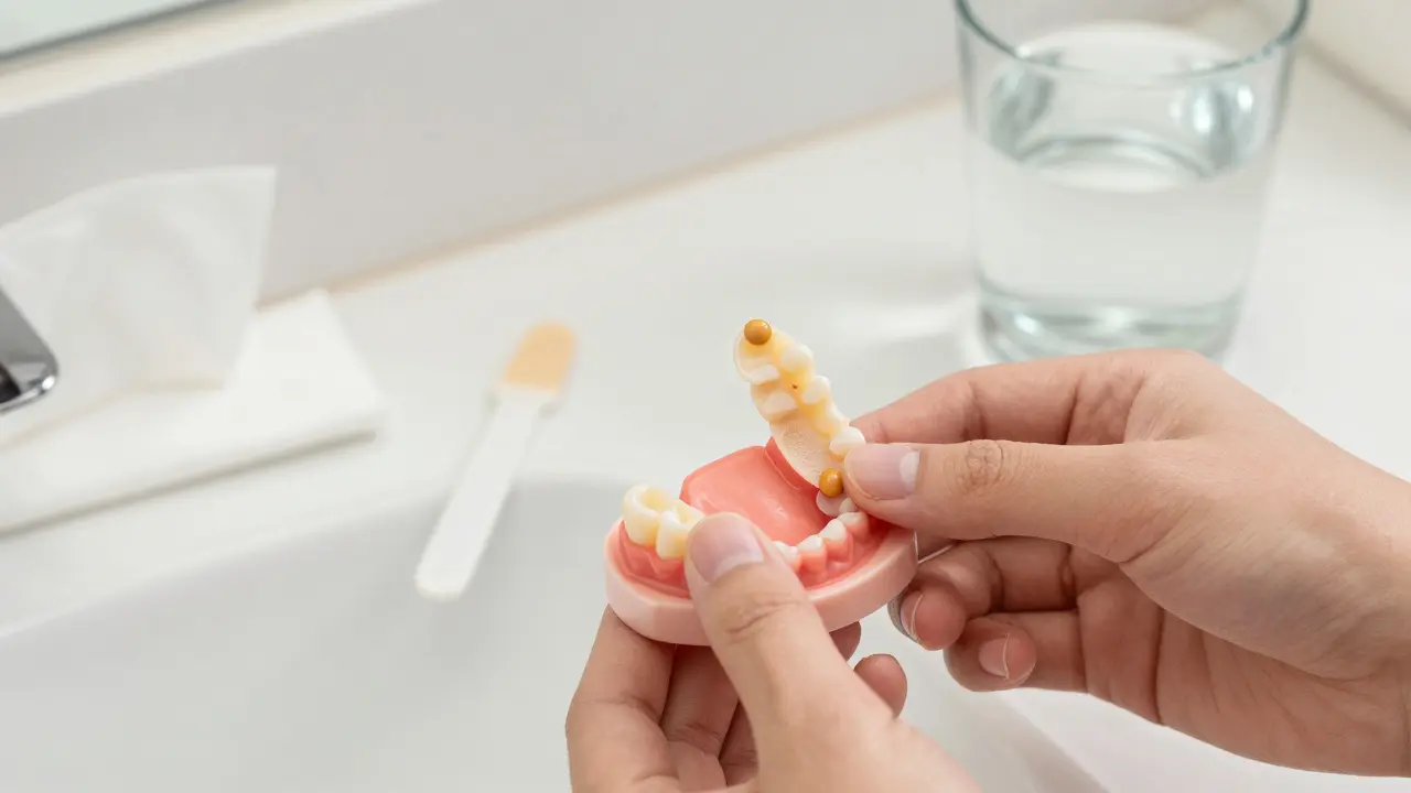Ruka opatrně vkládá protézu do úst s malým množstvím lepidla na povrchu.