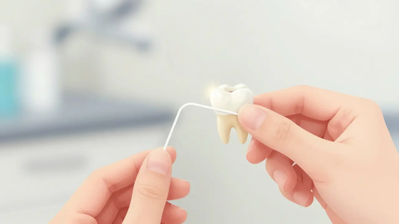 Ruka používá zubní nit mezi zuby s veneers, jemné osvětlení hrany.