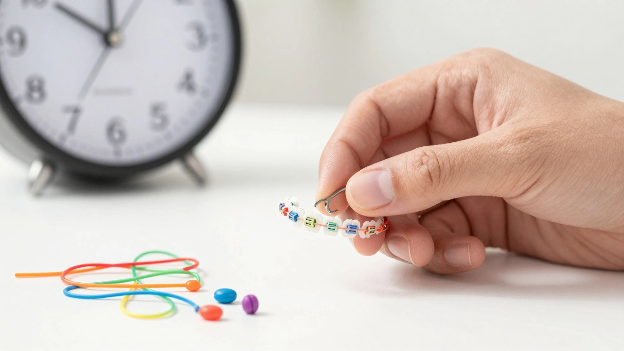 Ruka připevňuje nové gumičky na rovnátko pomocí malého nástroje.