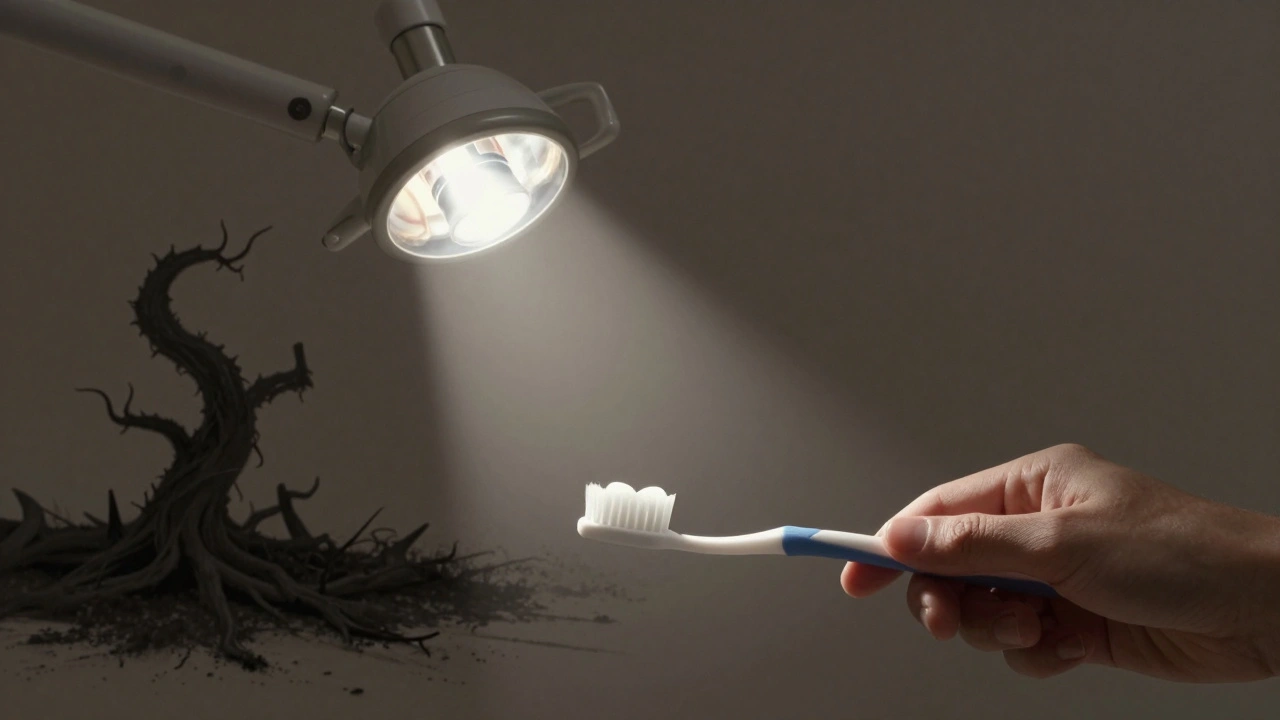 Ruka s kartáčkem a stínovým růstem kazu pod zubem.