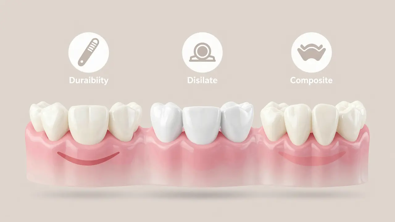 Srovnání tří materiálů pro fazety: keramika, disilikát a kompozit.