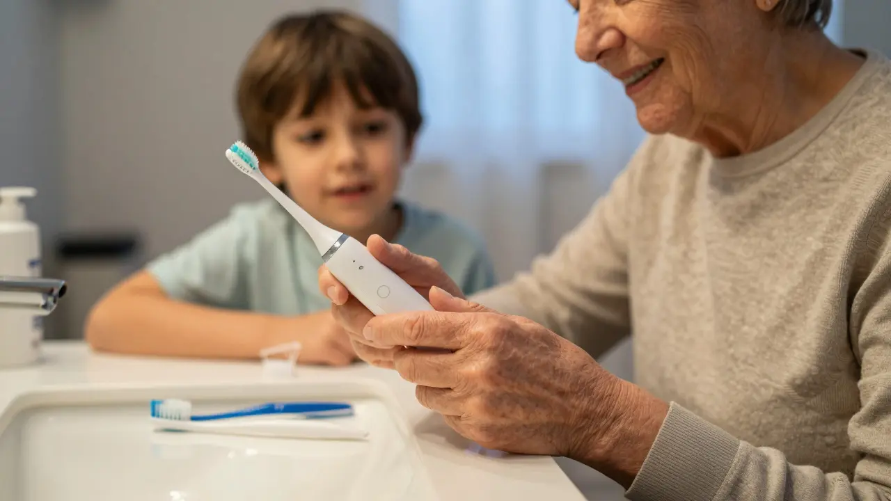 Starší osoba s artritidou klidně používá ultrazvukový čistič zubů pod dohledem dítěte.