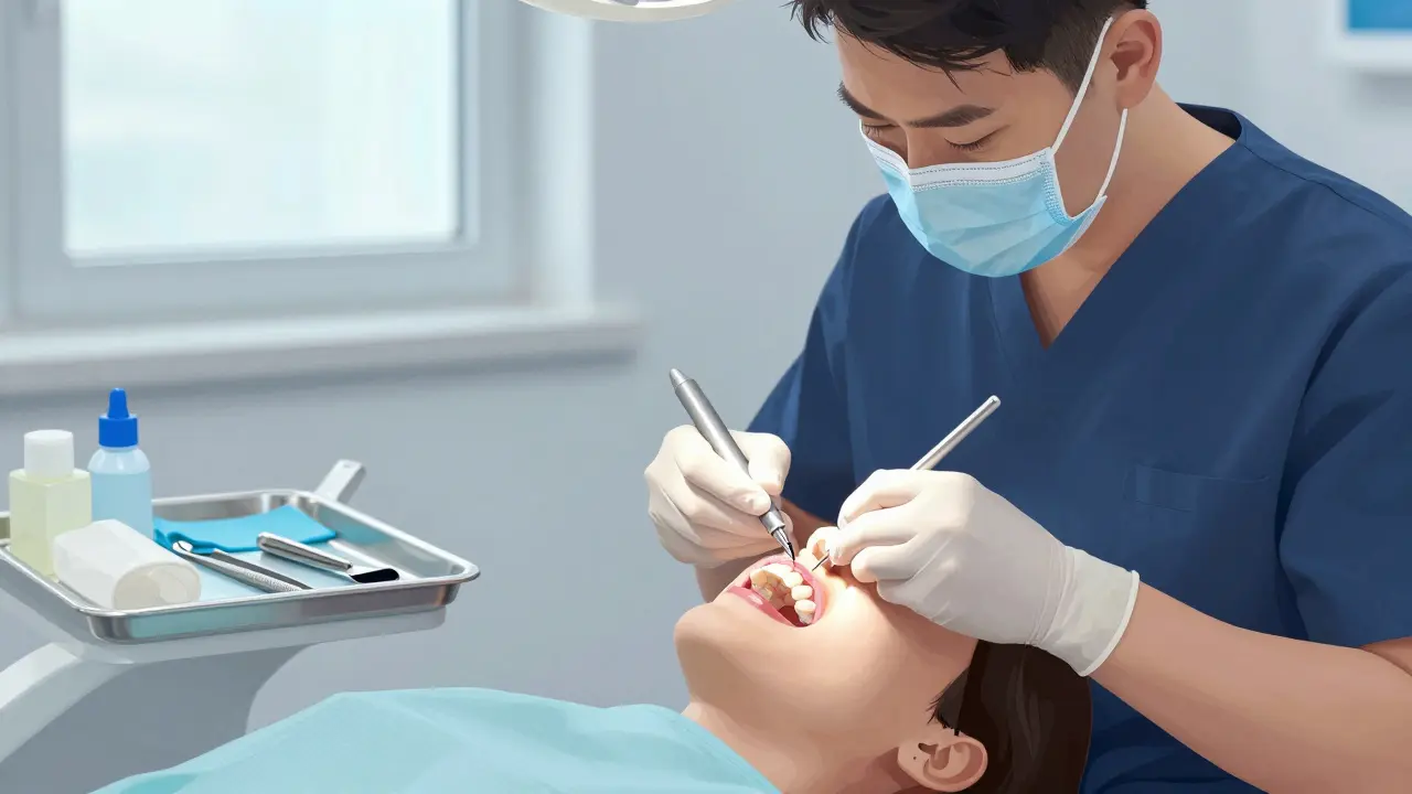 Stomatolog přilepuje kompozitní fazetu během jedné návštěvy.