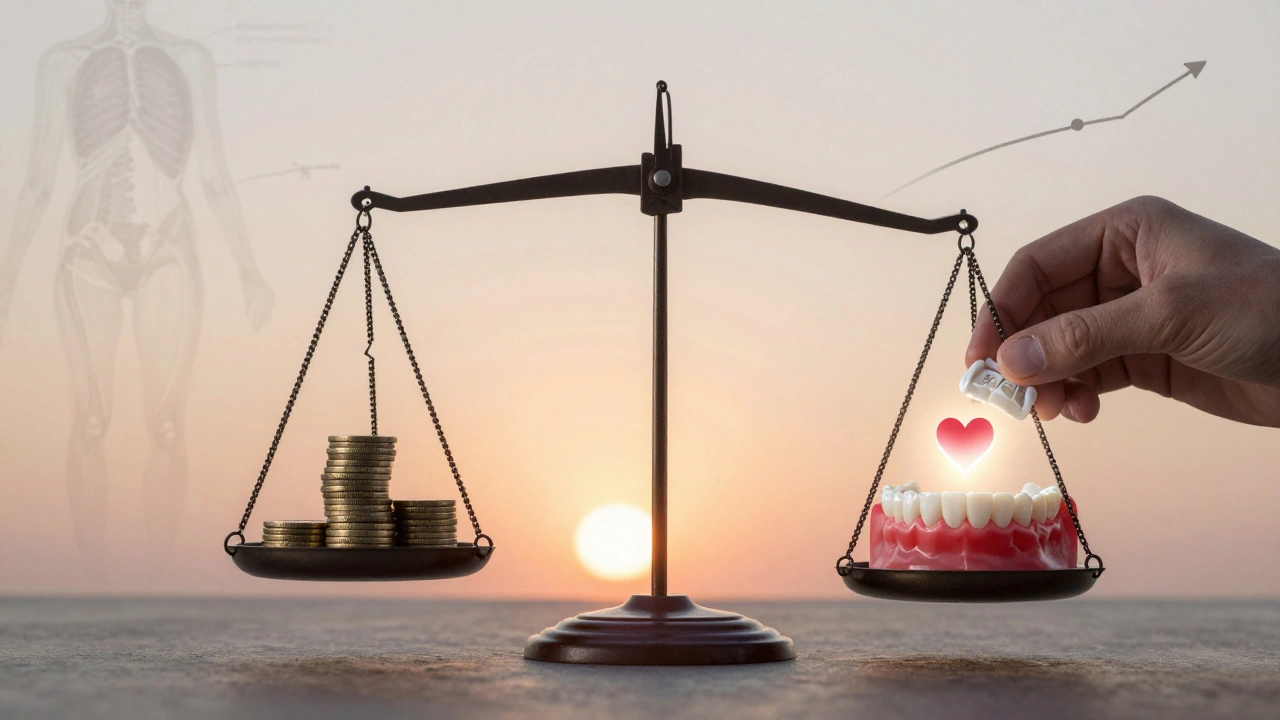 Váha s levnými rovnátky na jedné straně a zdravým úsměvem na druhé, symbolizující hodnotu proti ceně.