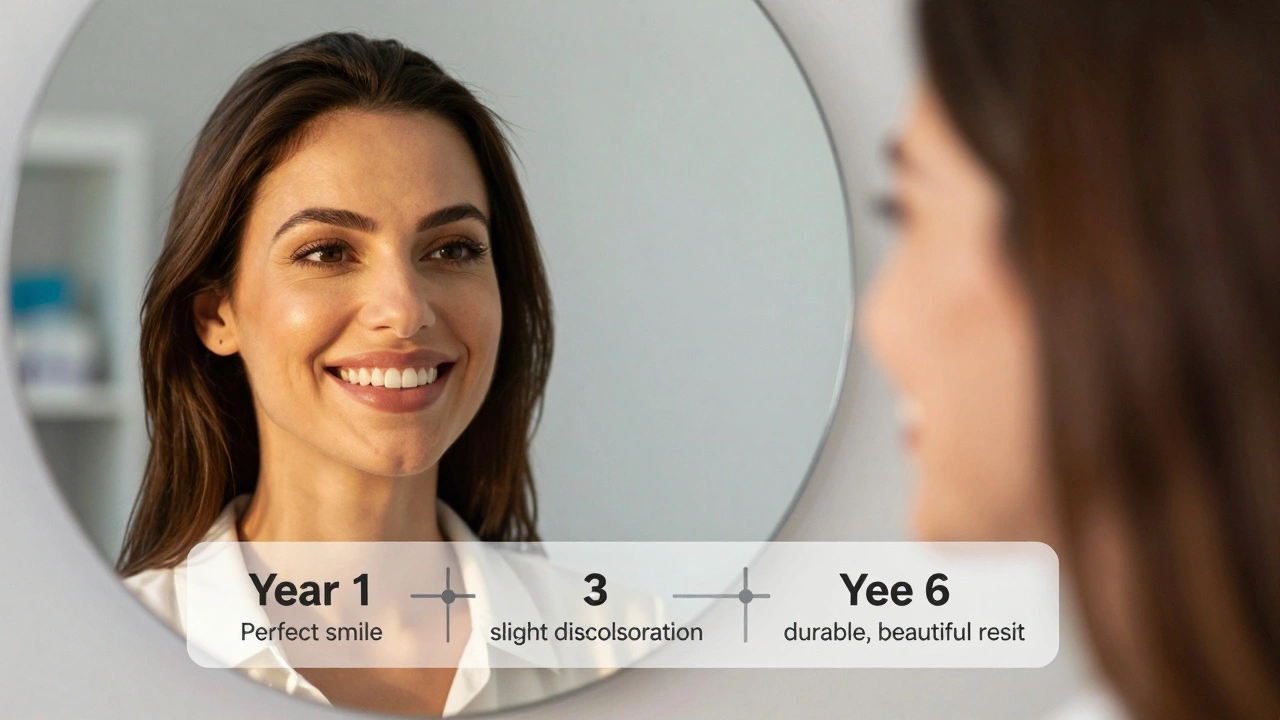 Žena se usmívá do zrcadla s estetickými kompozitními fazetami, symbolizující dlouhodobý výsledek.