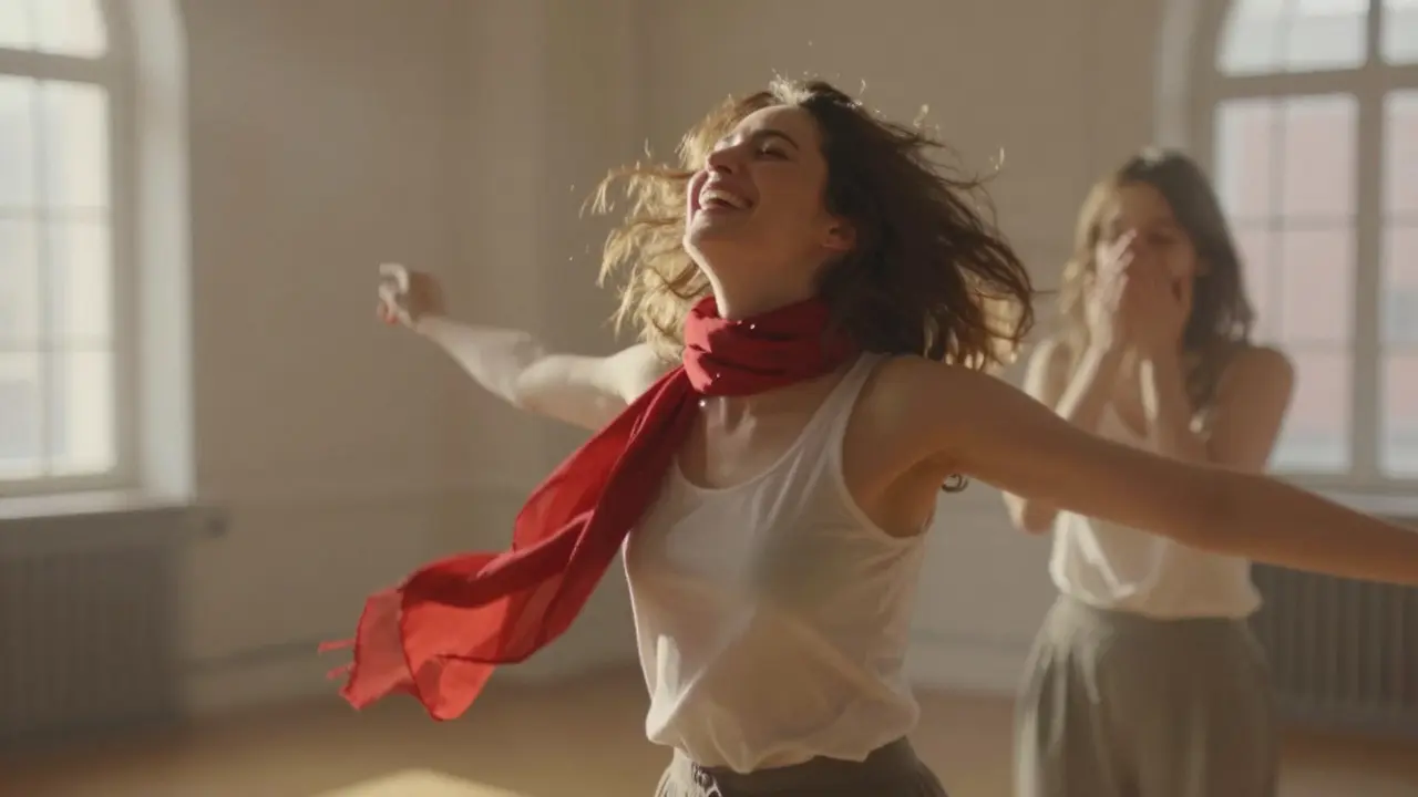 Žena tančí a směje se s odhaleným úsměvem, červený šálek leží na podlaze za ní.