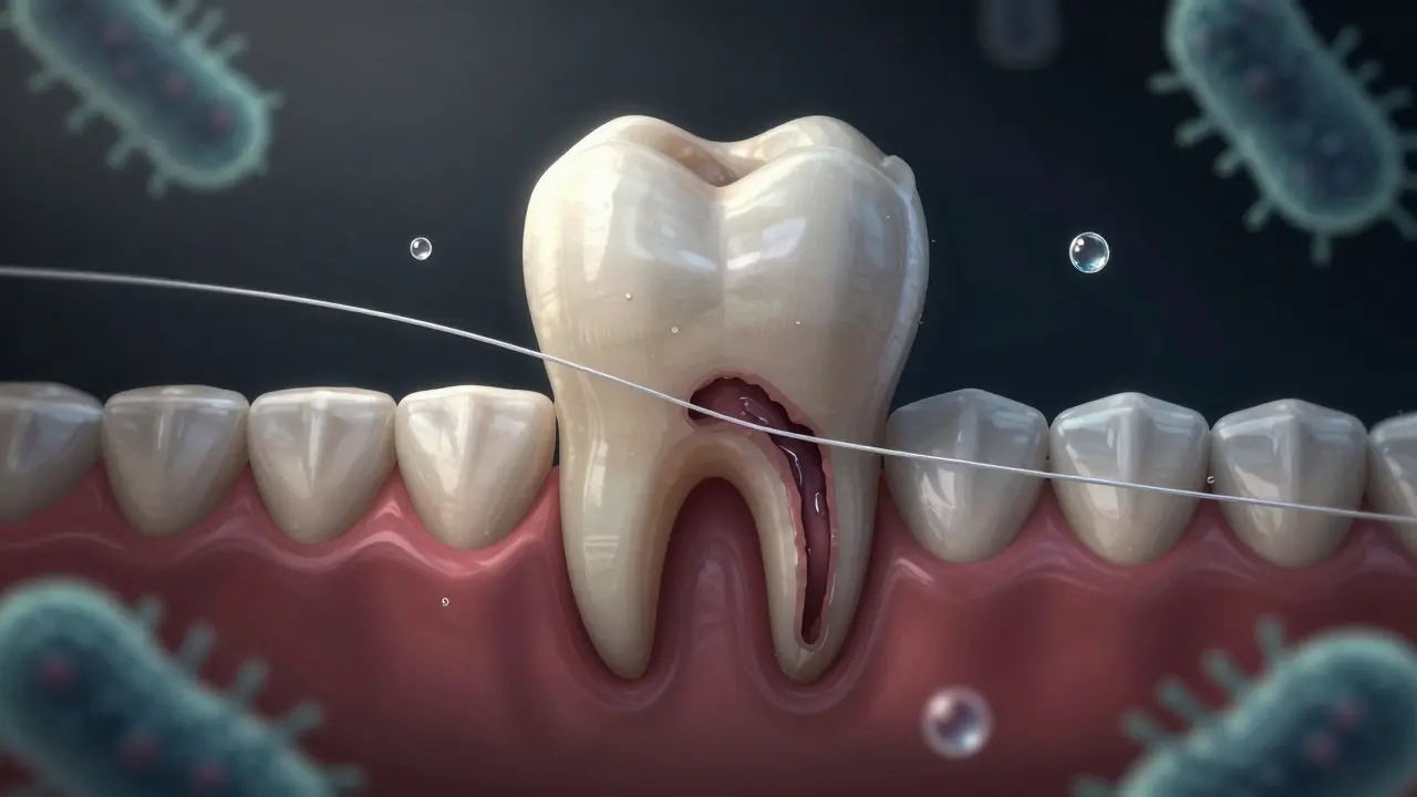 Zubní kaz mezi zuby s bakteriemi a nití jako záchranným prvkem.