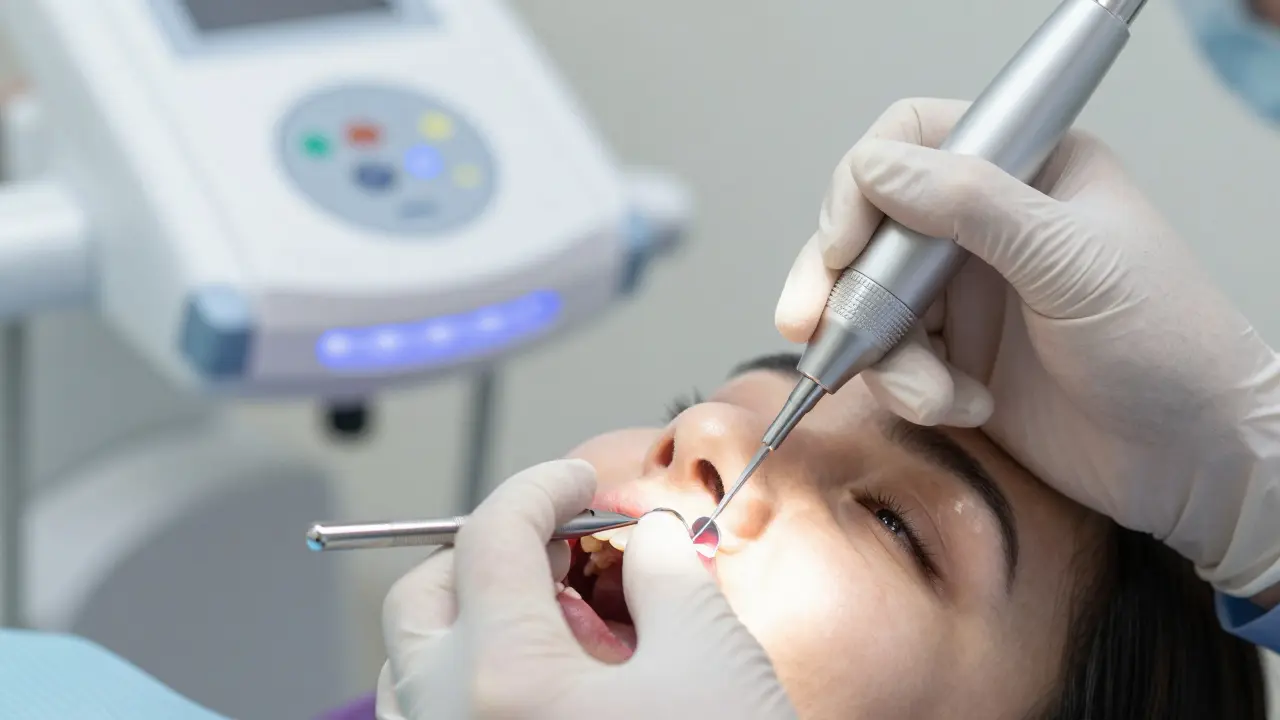 Zubní lékař opravuje zlomený zub kompozitní výplní.