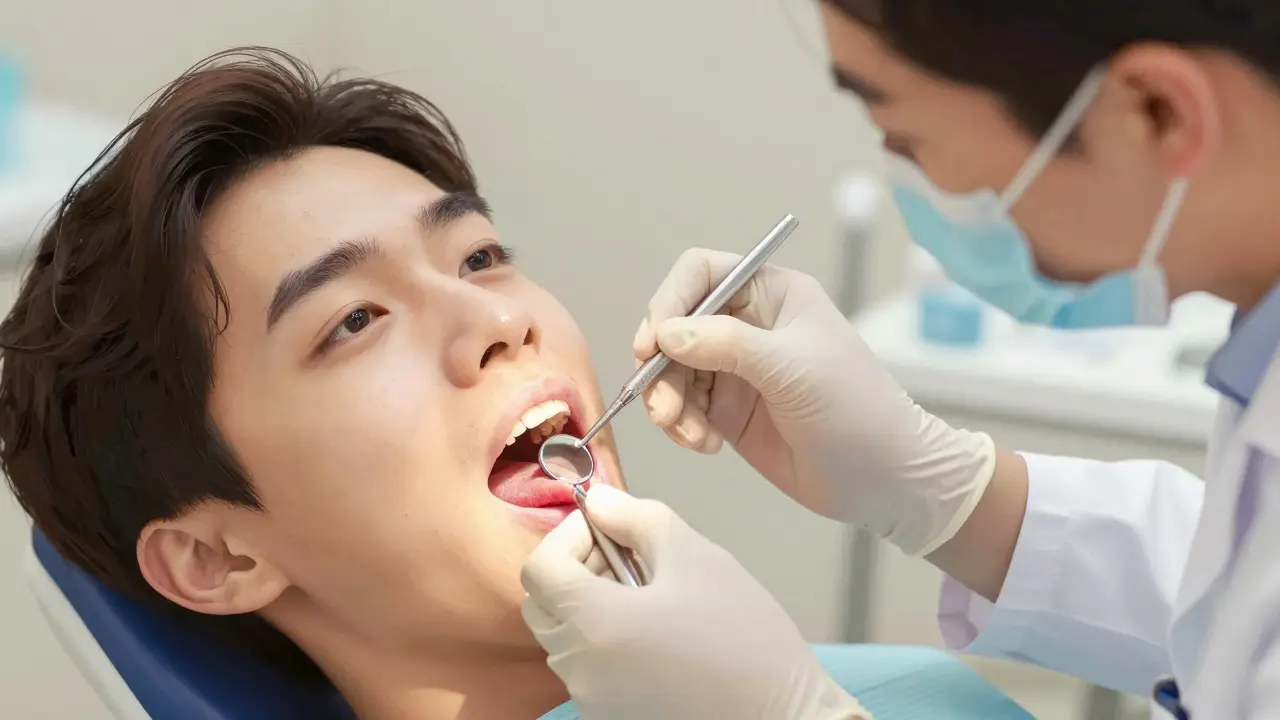 Zubní lékař prohlíží ústa pacienta pomocí zrcátka a sondu, v ústech jsou vidět podezřelé změny sliznice.