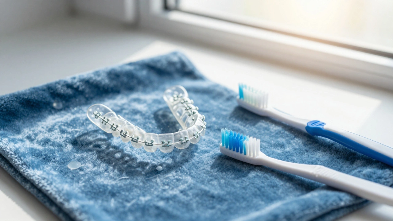 Zubní retentor a odstraněná rovnátka na vlněném kousku látky.