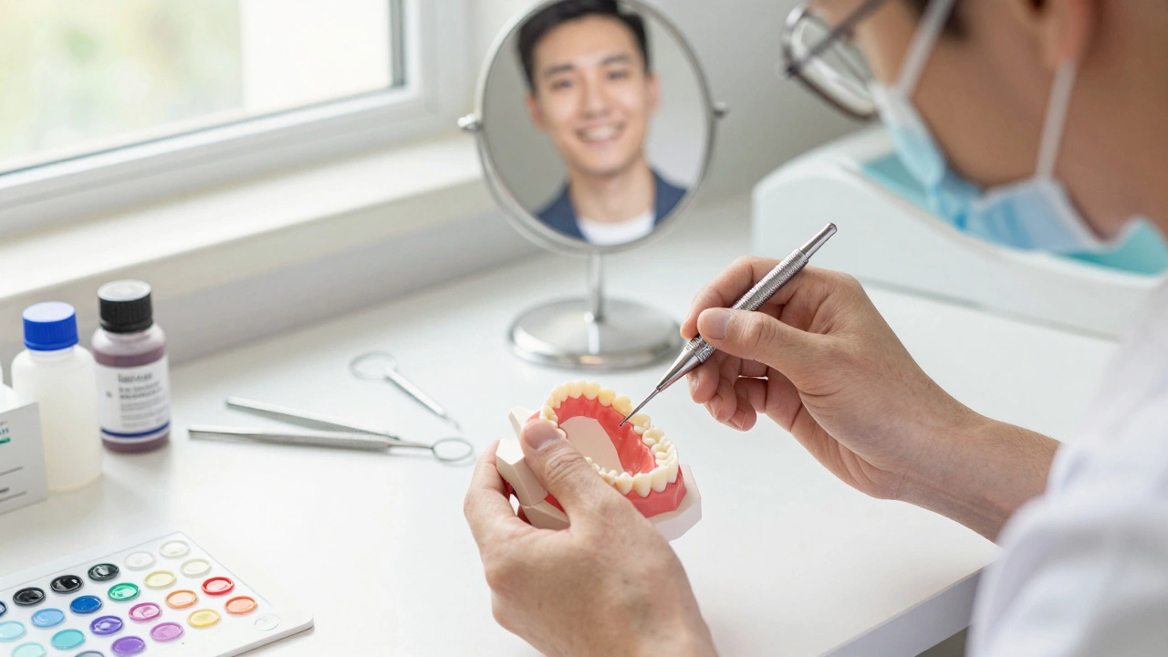 Zubní technik pracuje na modelu částečné protézy s barevnými odstíny a nástroji.