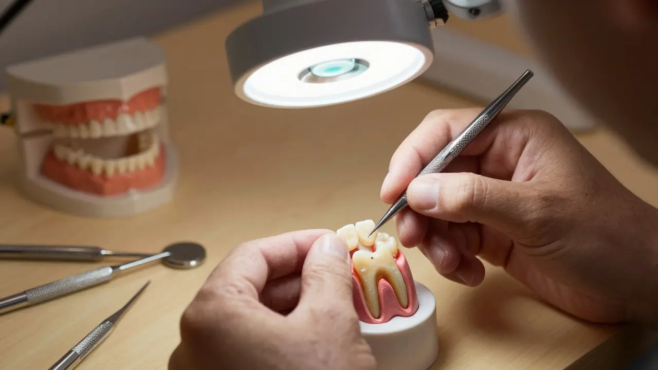 Dentální technik vyrábí keramickou korunku s viditelným zdravým kořenem.