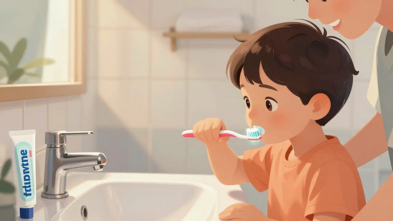 Dítě čistí zuby pod dohledem dospělého s malou dávkou zubní pasty