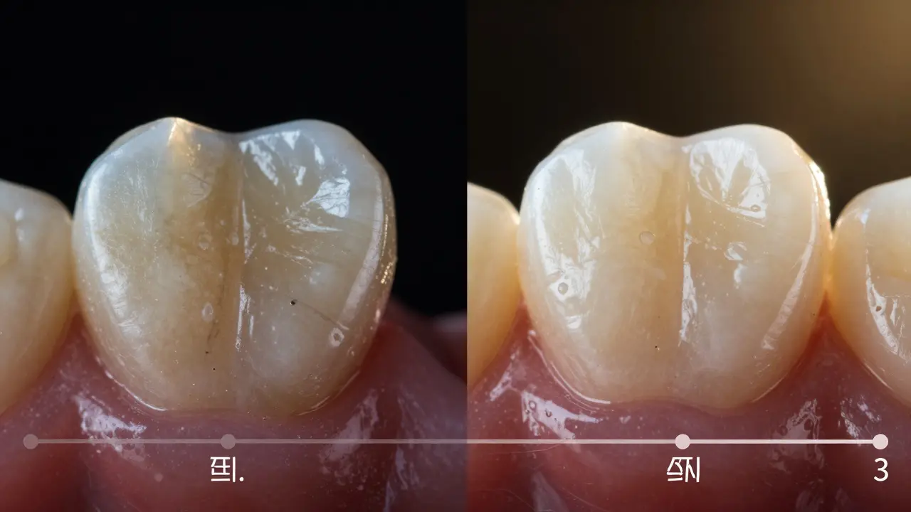 Dva typy oprav předního zubu: stará výplň a nová keramická vložka v kontrastním osvětlení.