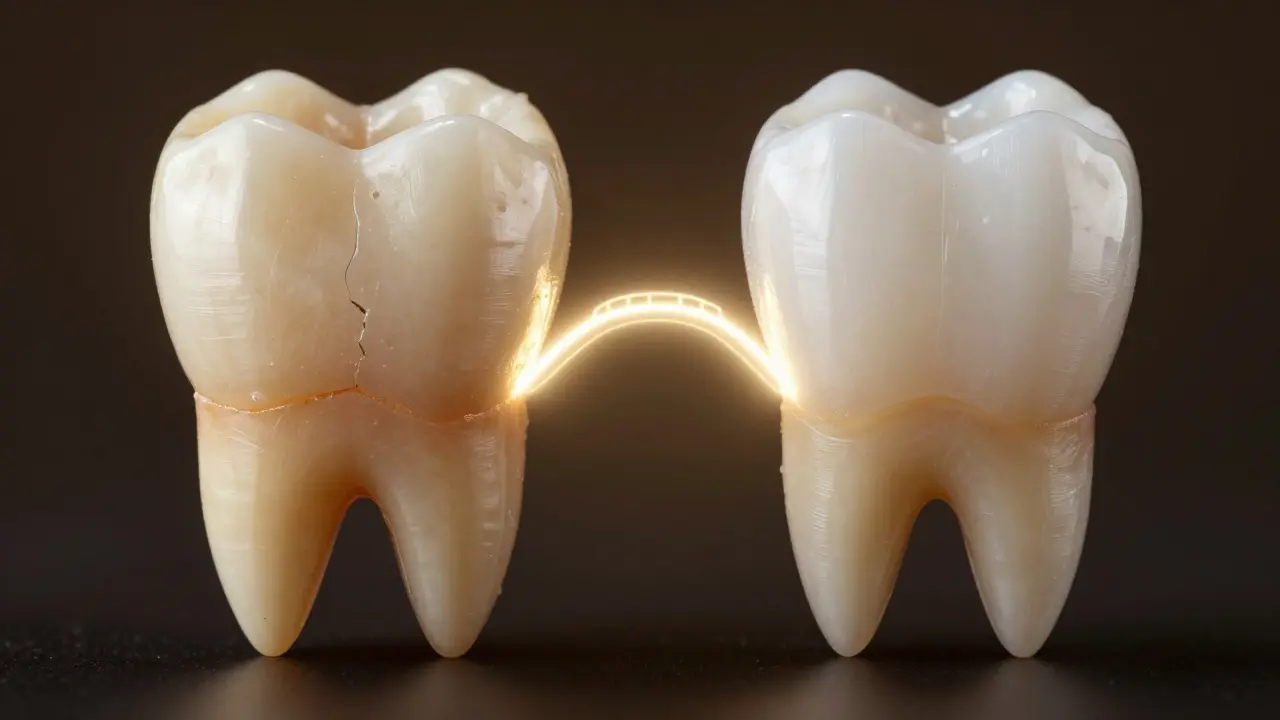 Dva zuby vedle sebe: jeden poškozený a žlutý, druhý pokrytý přirozeně leskou fazetou.