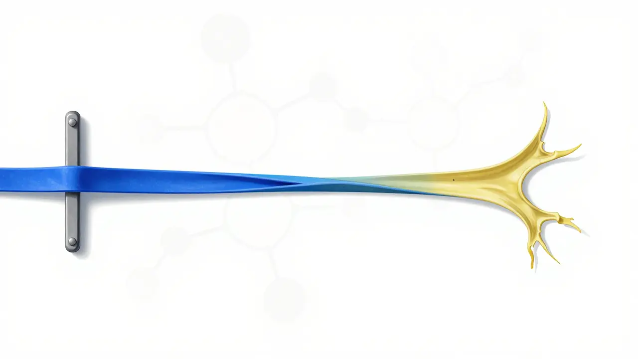 Gumička postupně ztrácí pružnost a mění barvu od modré k žluté.