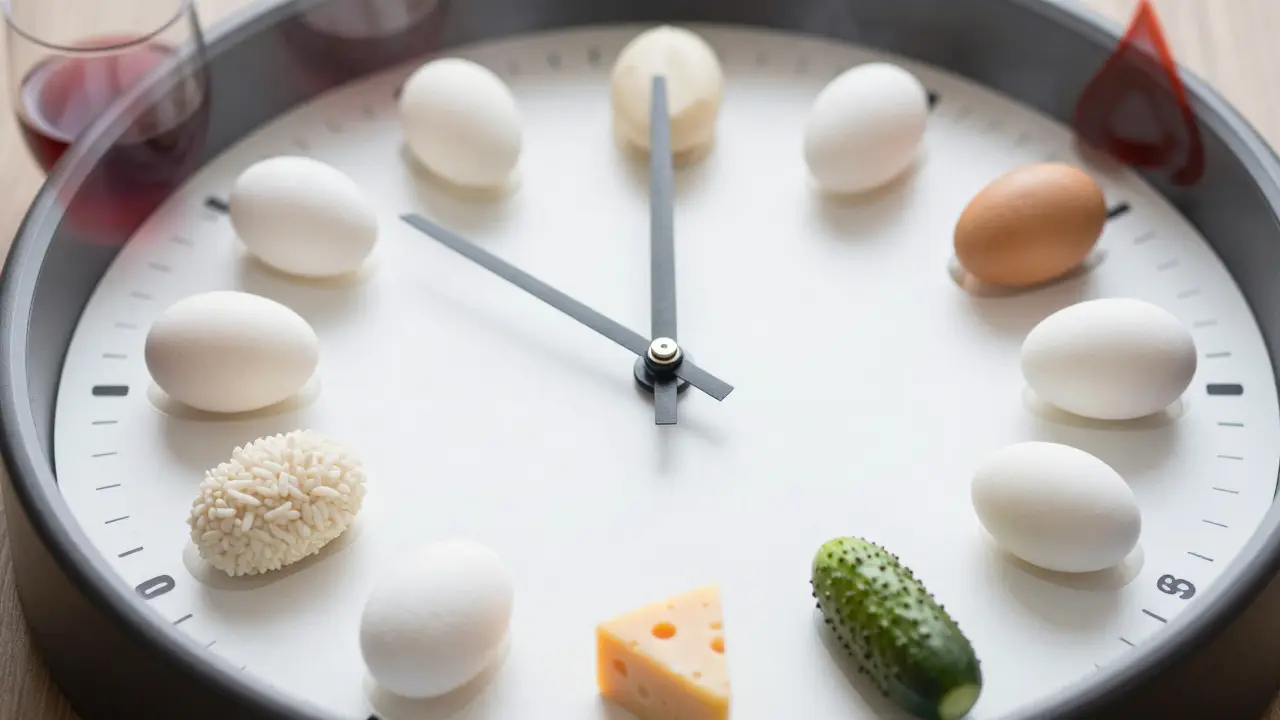 Hodiny s 48 hodinami označenými bílými potravinami, za nimiž jsou rozptýlené tmavé nápoje.