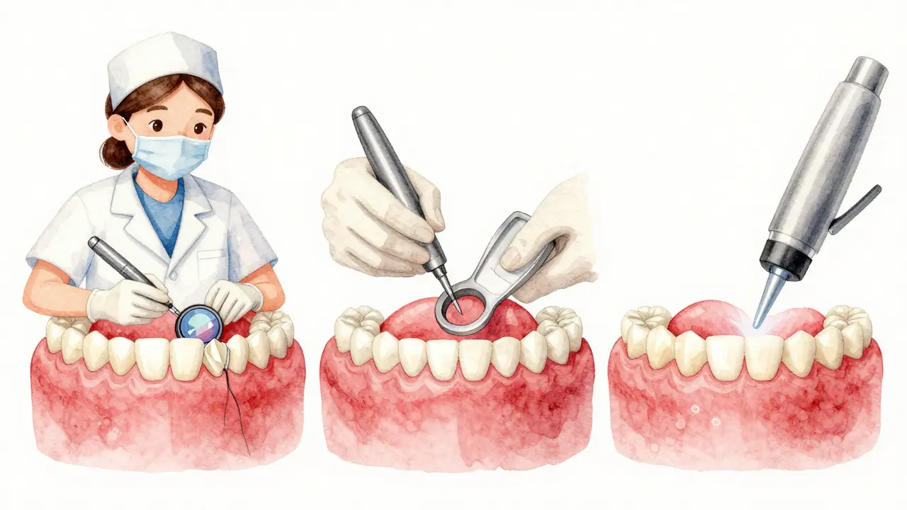 Ilustrace tří kroků při aplikaci zubních fazet: vyšetření, odtisk a přilepení.