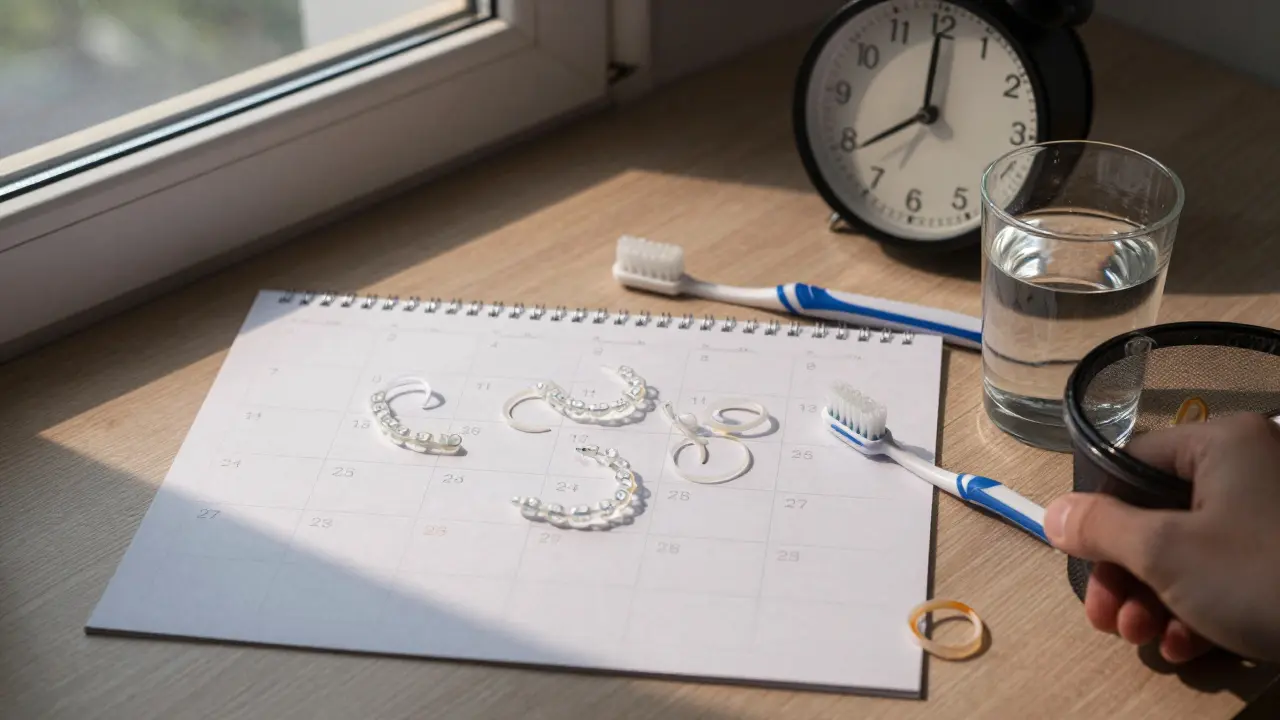 Kalendář s denně měněnými gumičkami a opuštěnou prasklou gumičkou v koši.