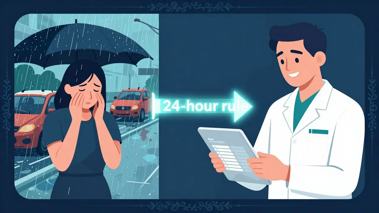 Koncepční obrázek: pacient v dešti a zubní lékař upravující termín podle pravidla 24 hodin.