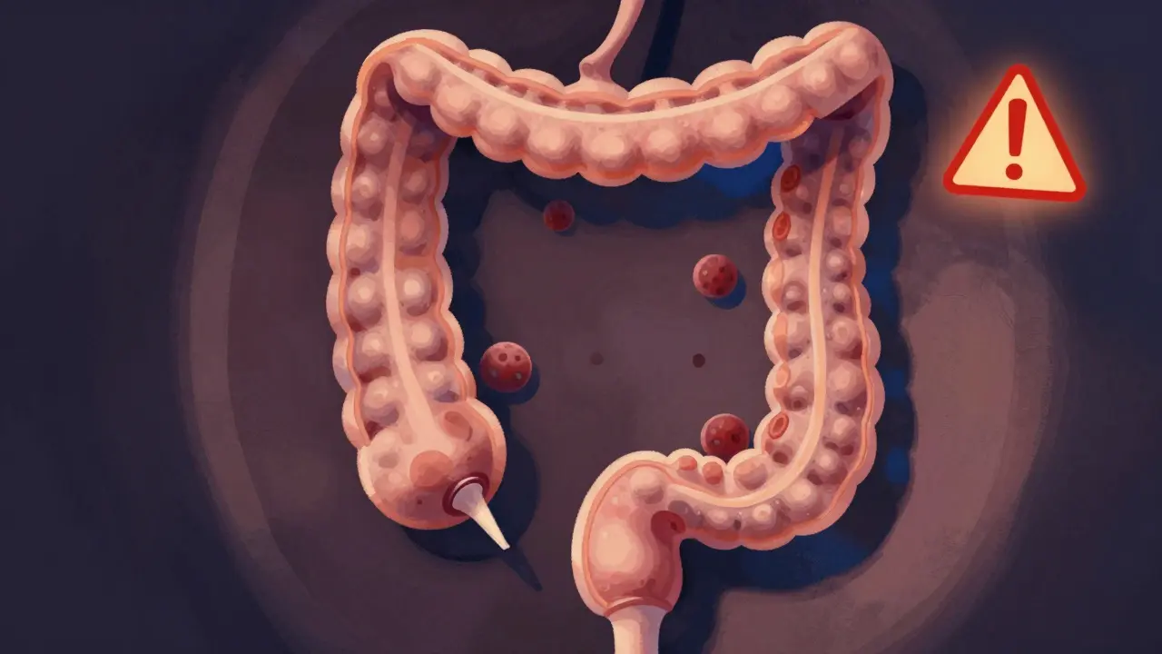 Kresba tlustého střeva se zúženým úsekem a varovnými značkami.