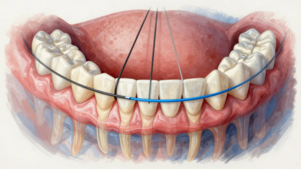 Křížový řez čelisti s barevnými gumičkami působícími na zuby pro opravu překrytí.