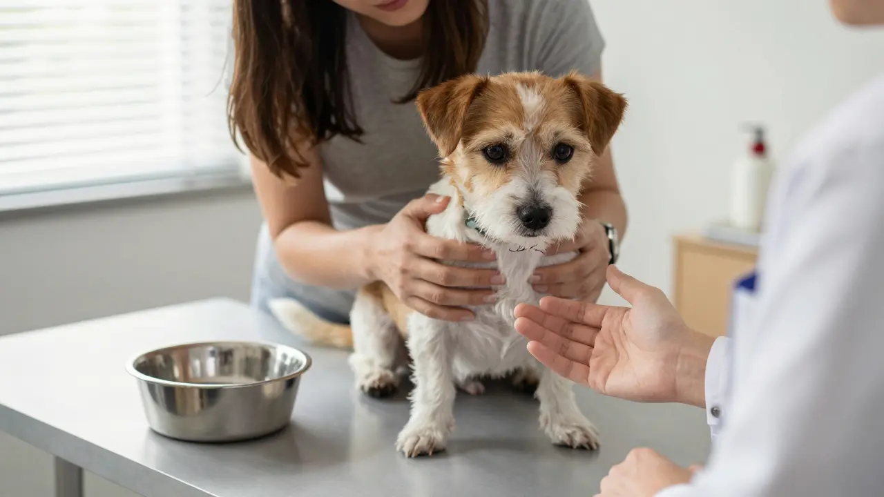 Majitel s nářekem drží svého psa na vyšetřovacím stole, voda je k dispozici.