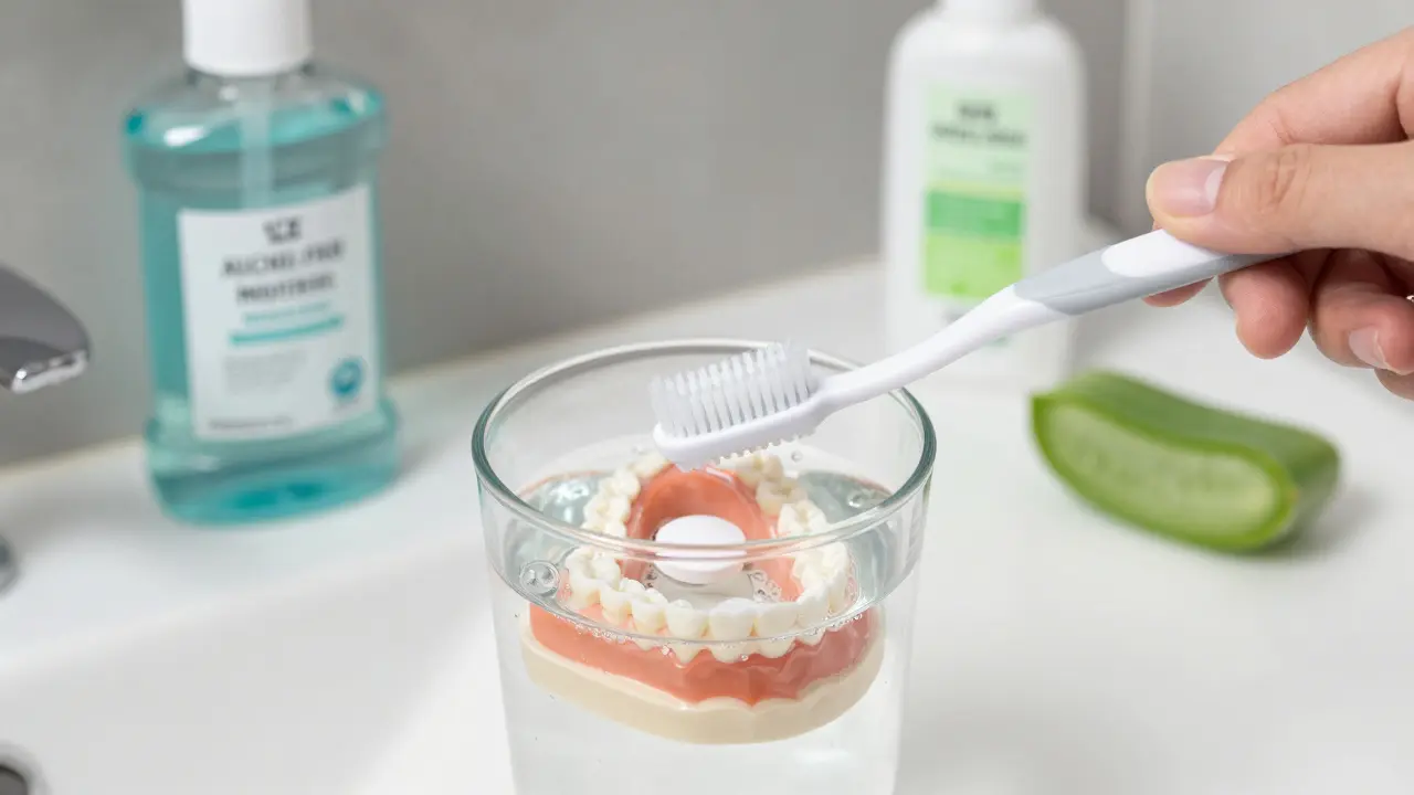 Měkký kartáček čistí protézu ve vodě s čisticí tabletou na koupelnové stolce.