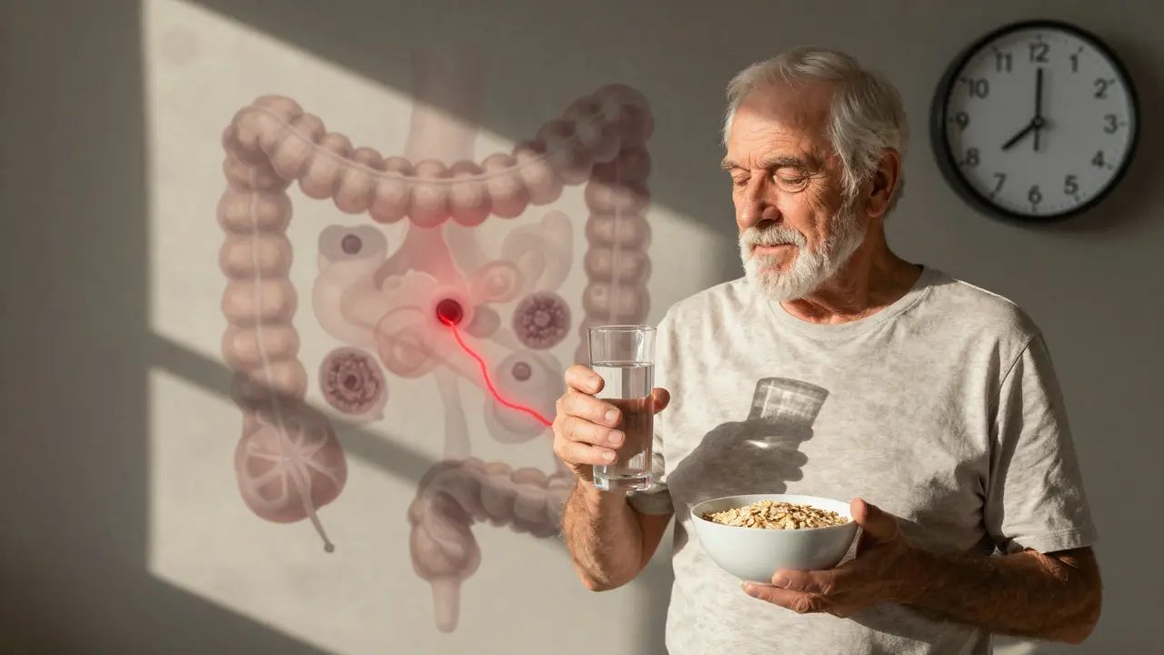Muž drží zdravou stravu, za ním průhledná silueta poškozeného střeva.
