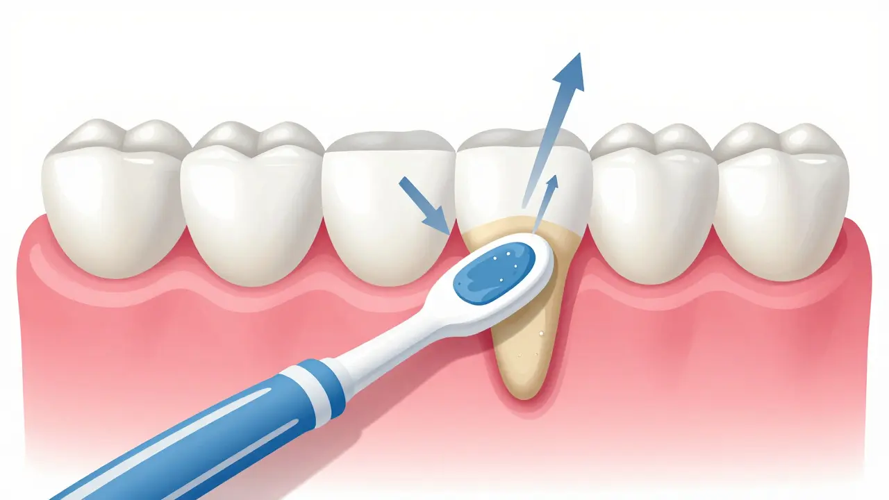 Náčrt techniky čištění mezizubních prostorů s ukázkou pohybu kartáčku od dásně k zubu.