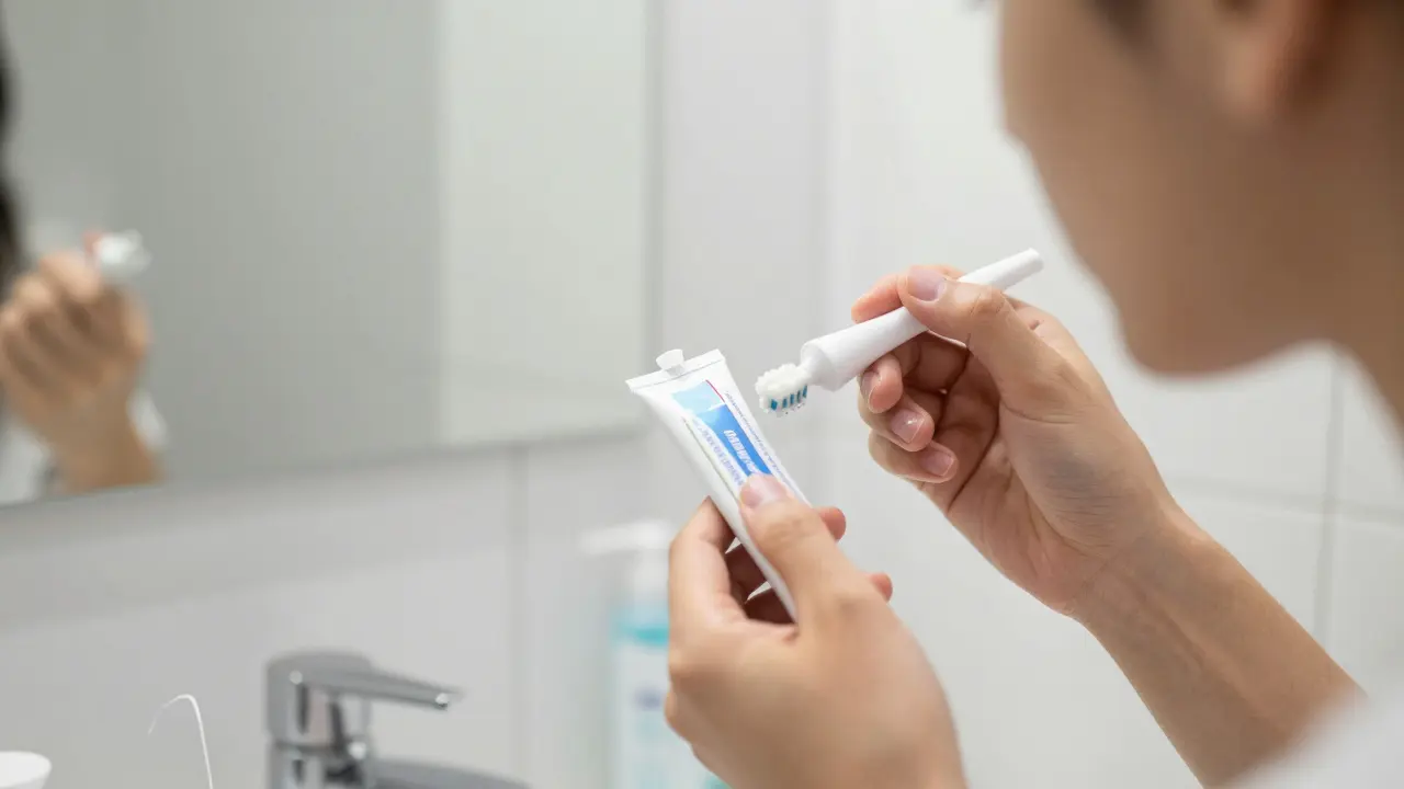 Osoba si prohlíží zuby v zrcadle, všímá si bílé skvrny.