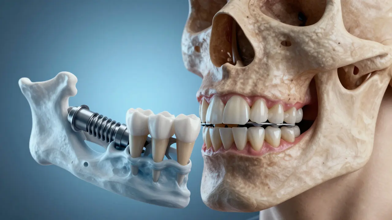 Porovnání udržování kosti s implantátem a ztráty kosti s můstkem.