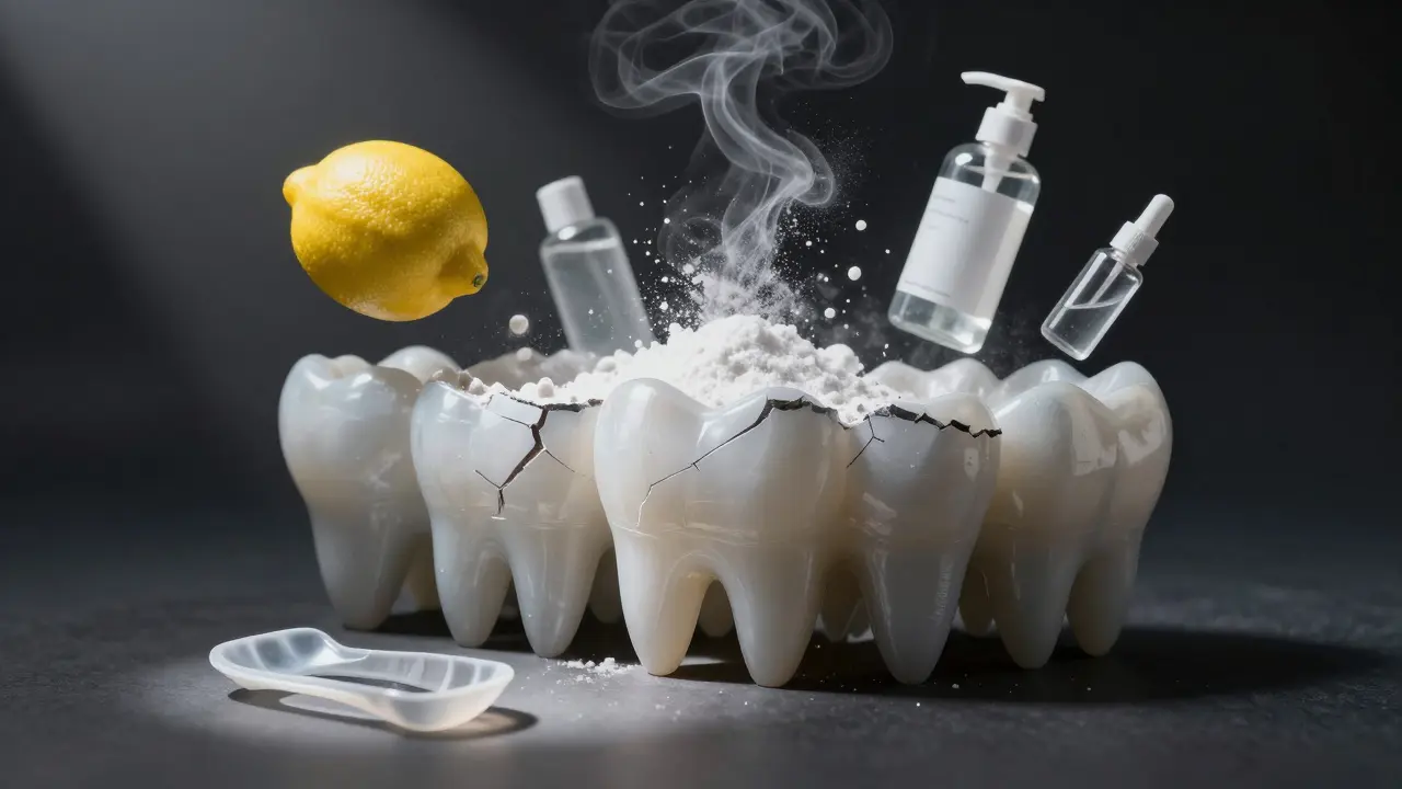 Poškozená zubní sklovina s šedivými skvrnami a nebezpečnými látkami kolem.