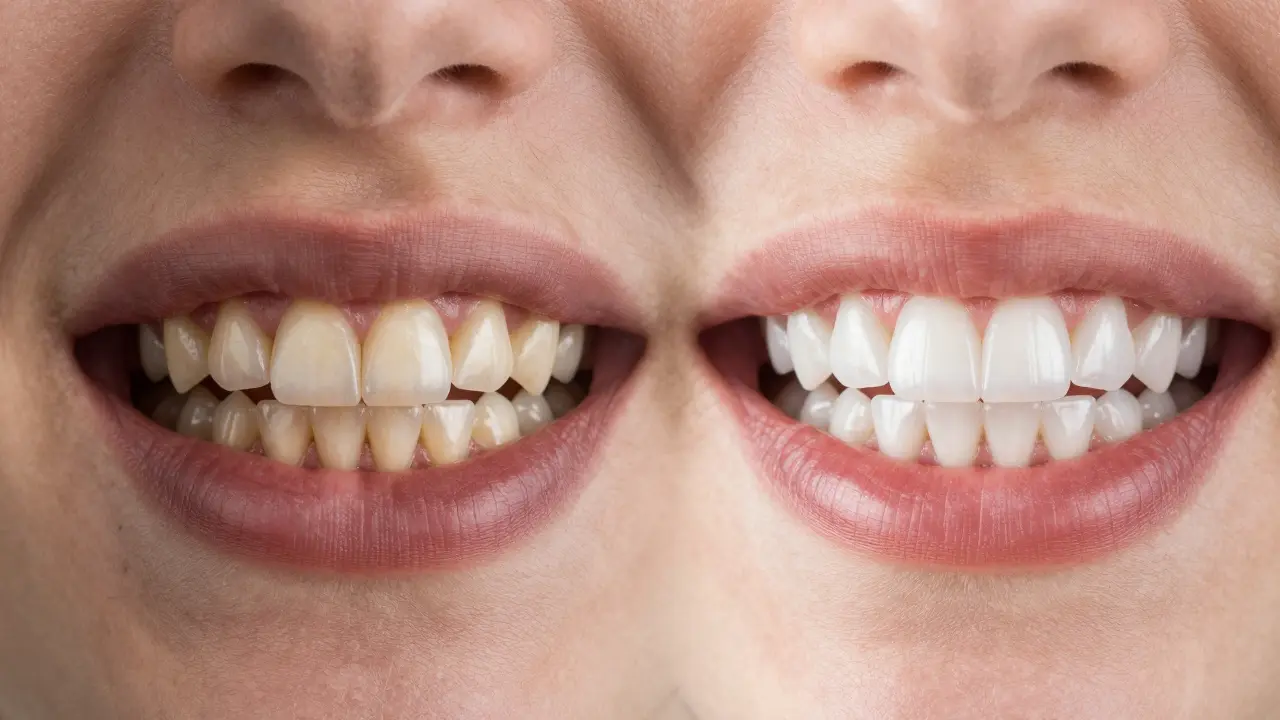 Před a po: šedivé zuby přeměněny na bílé s keramickými fazetami.