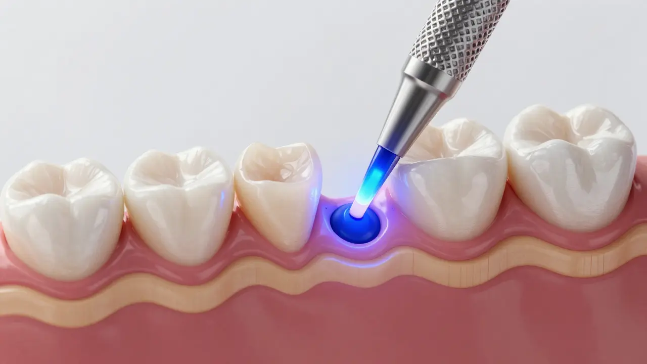 Přehled tenké keramické fazety přilepené na zub s lepidlem pod světelným zářením.