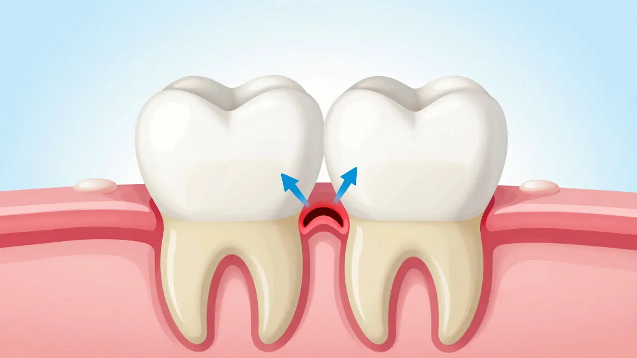 Přehledový náčrt dvou mléčných molárů s kariézou mezi nimi.