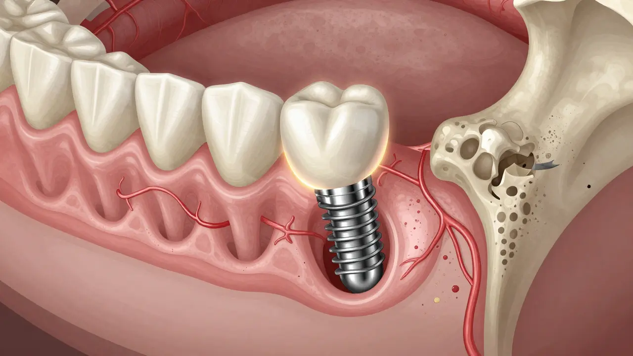 Příčný řez čelistí s implantátem spojeným s kostí.