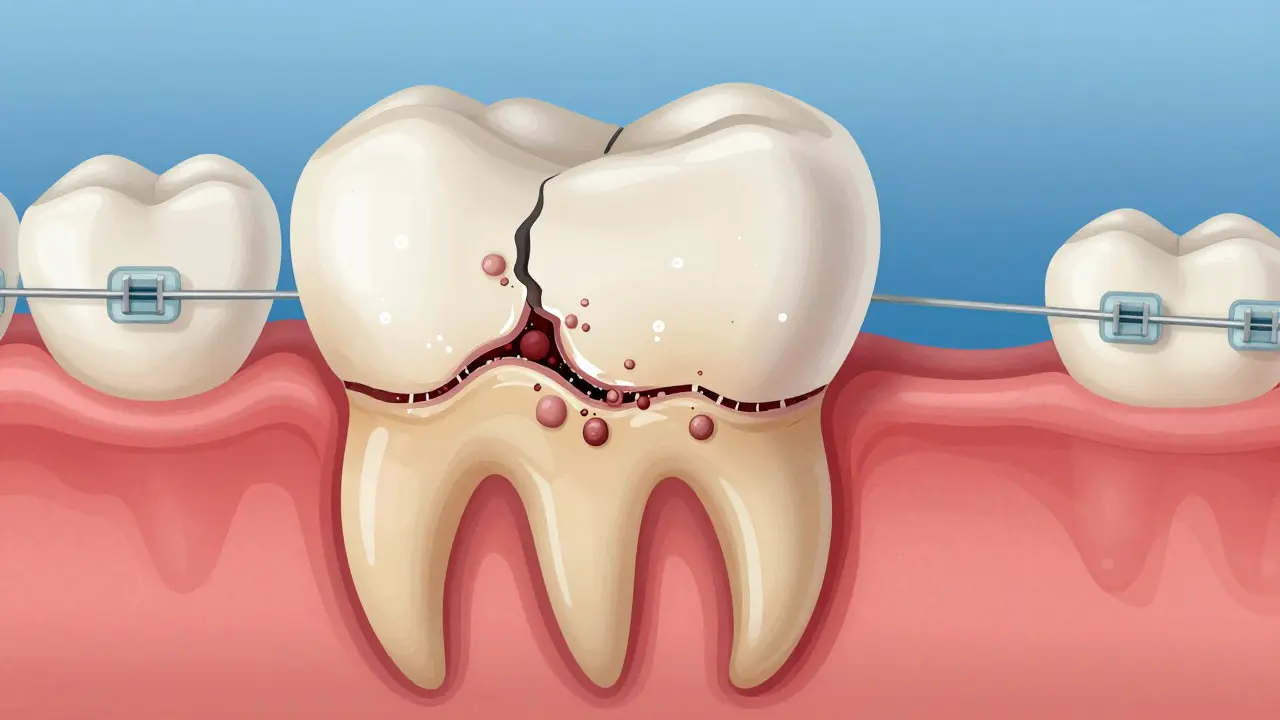 Průřez zubu ukazující demineralizaci skloviny a působení kyseliny z bakterií.