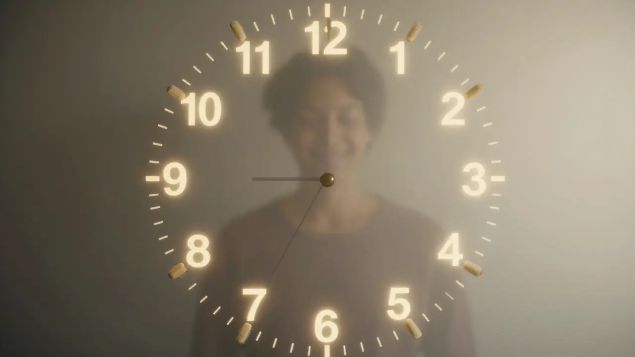 Symbolická hodiny s mezizubními kartáčky místo čísel, znázorňující denní čištění.