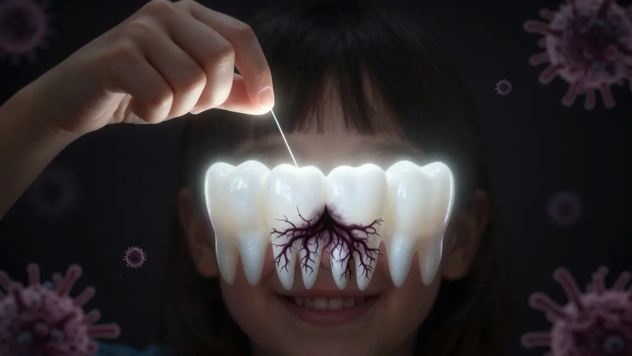 Symbolický obraz skrytého kazů mezi zuby s ochrannou zubní nití.