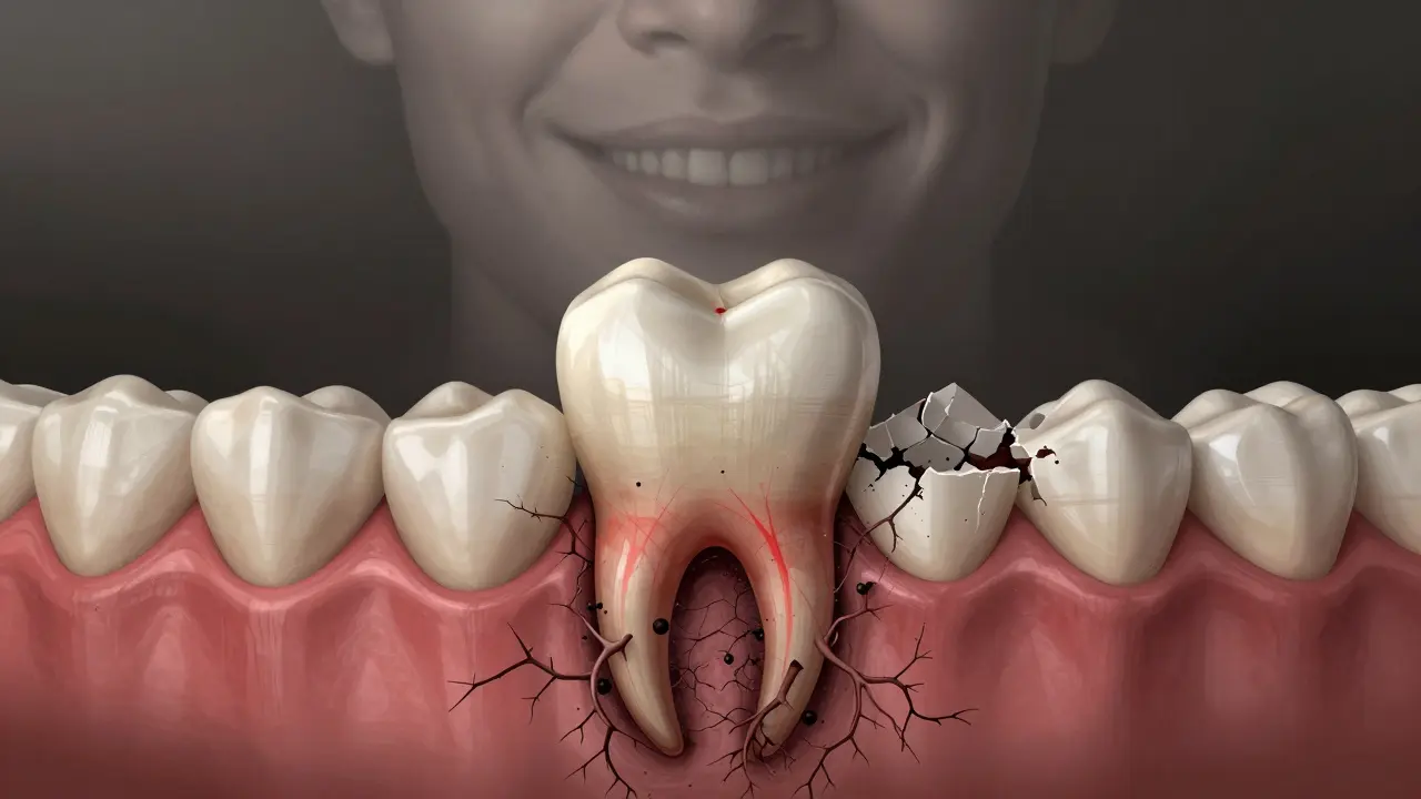 Symbolický obraz zubního kamene ničícího kost kolem kořene zubu.