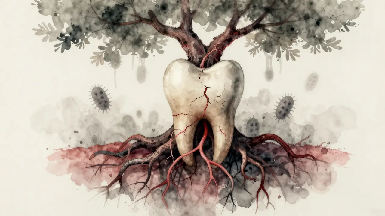 Symbolický obraz zubu jako umírajícího stromu s černými kořeny a miznoucími cévami.