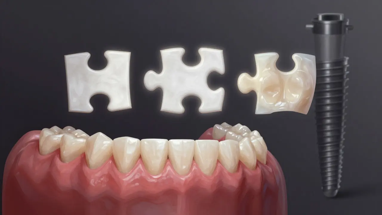 Tři alternativy k implantátu pro přední zuby: fazeta, protéza a kompozit.