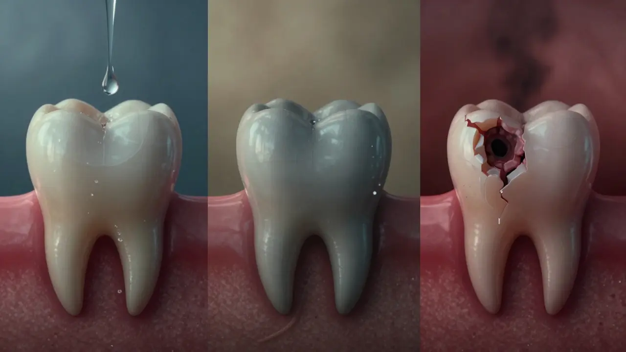 Tříčlenná časová osa ukazující, jak zub ztrácí životní sílu a rozpadá se.