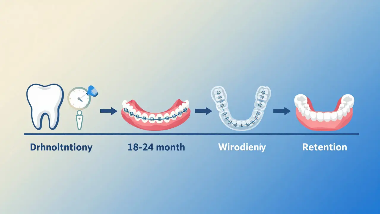 Vizuální časová osa ortodontické léčby od návštěvy po retenci.
