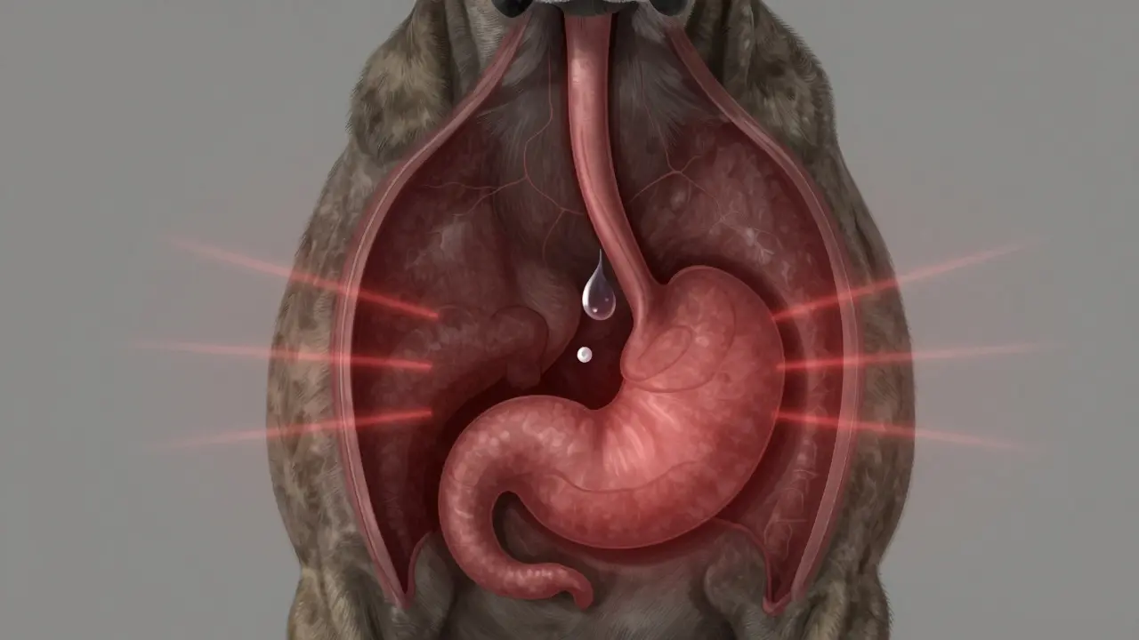 Vnitřní anatomie psa s rizikem aspirace, zvýrazněná červenou výstrahou.