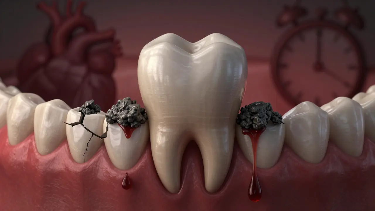 Ztráta kosti kolem zubu spojená s kamenem a krvácením dásní.