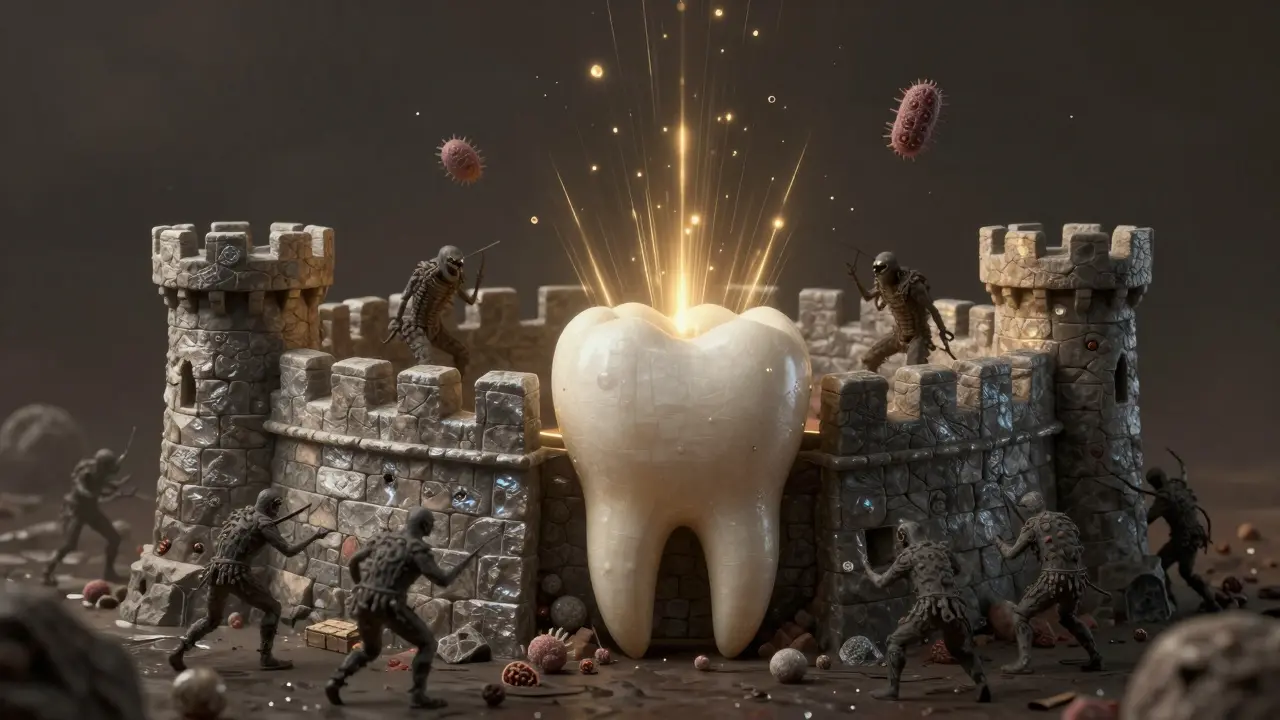 Zub jako pevnost s fluoridovou ochranou proti kyselinám