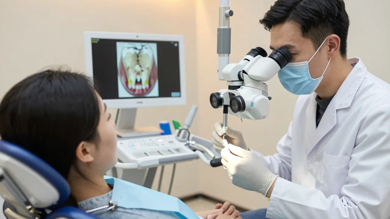 Zubař používá mikroskop k prohlídce zlomeného předního zubu v moderní ordinaci.